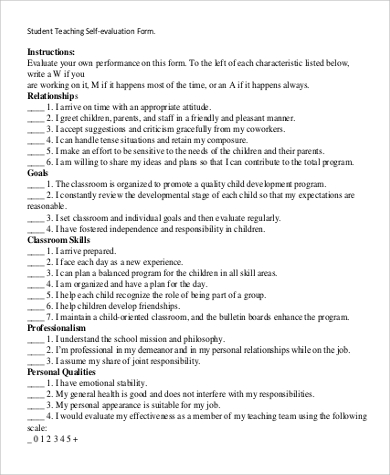 school teacher self evaluation form format