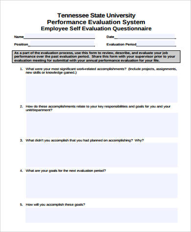 employee performance self evaluation form sample