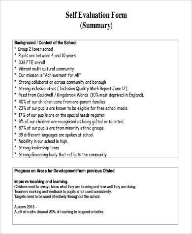 free school self evaluation form summary
