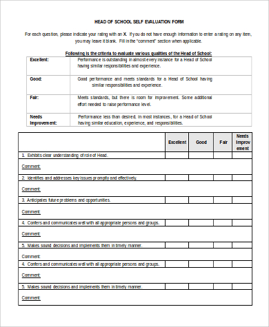 head school self evaluation form to download