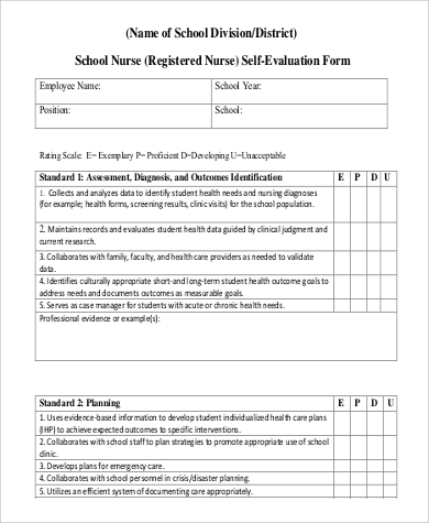 school registered nurse self evaluation form