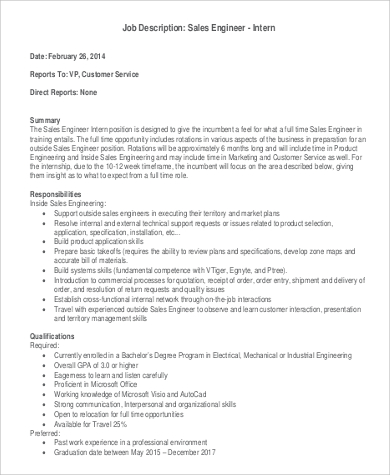 sales engineer intern job description