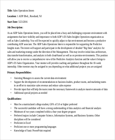 sales operations intern job description