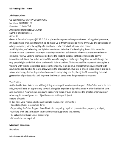 marketing and sales intern job description