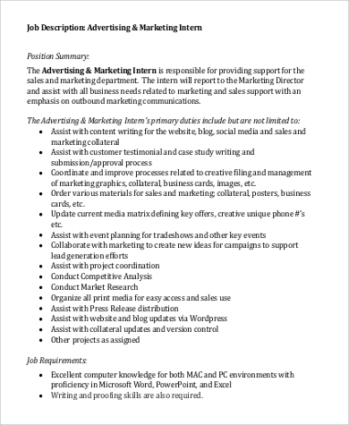 FREE 10 Marketing Intern Job Description Samples In MS Word PDF   Advertising Marketing Intern Job Description 