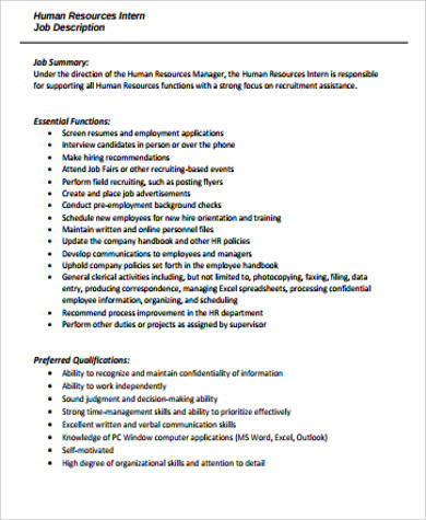 hr intern manager job description