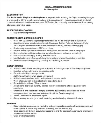 digital marketing intern job description in pdf