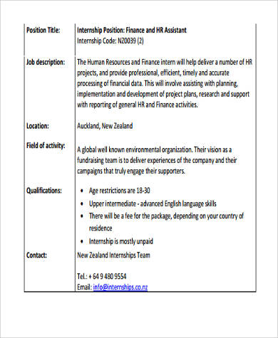 finance and hr intern job description