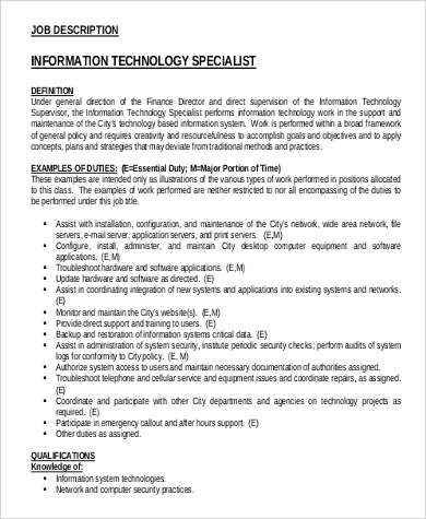 Information technology specialist job descriptions