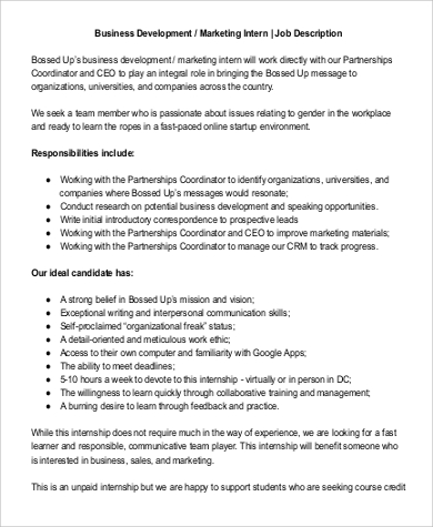 business development marketing intern job description