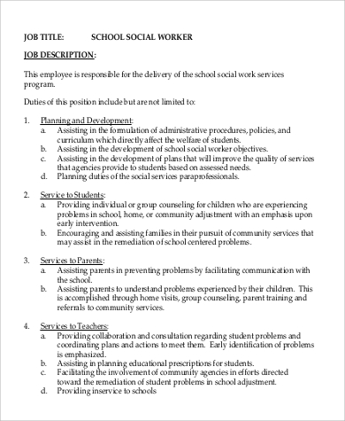 sample school social work intern job description