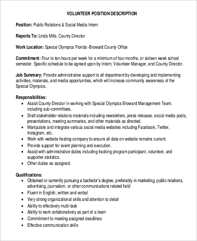 volunteer social work intern job description format