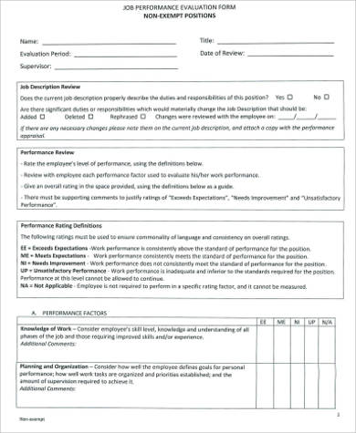 job performance evaluation form sample
