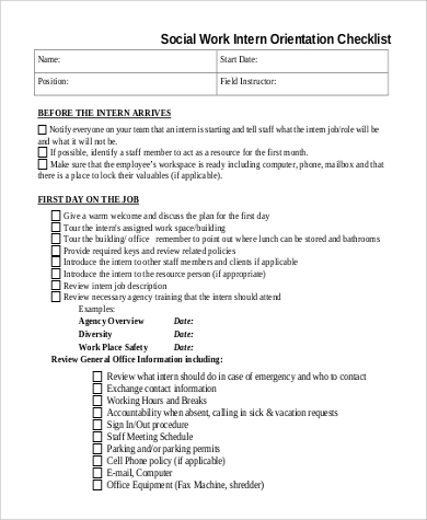 social work intern orientation checklist job description