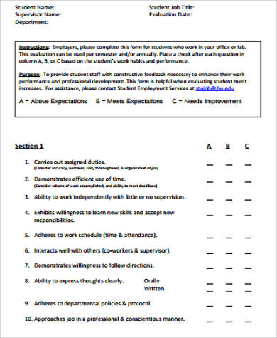 student performance evaluation form