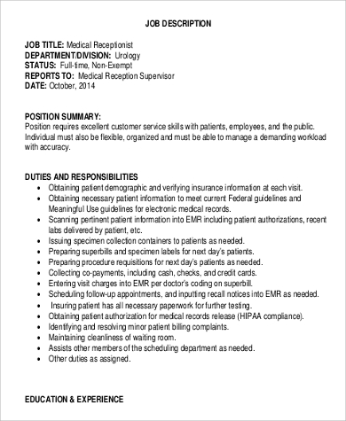 Medical Receptionist Job Description Summary In PDF 