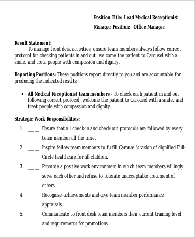 lead medical receptionist job description example