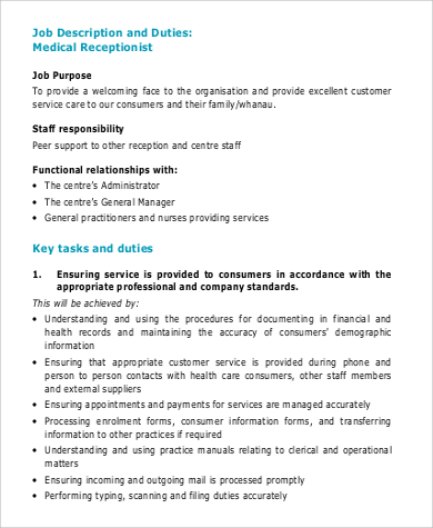 FREE 10 Medical Receptionist Job Description Samples In MS Word PDF   Medical Receptionist Job Description Duties Format 