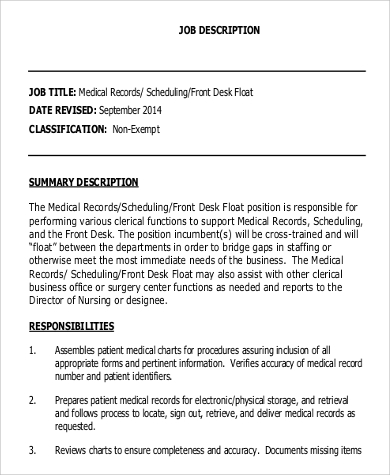 Free 9 Medical Records Clerk Job Description Samples In Ms Word Pdf