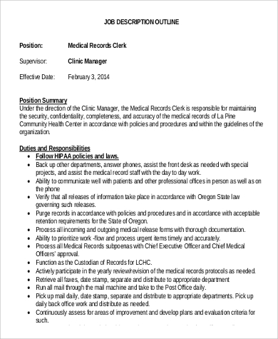 job description outline for medical records clerk