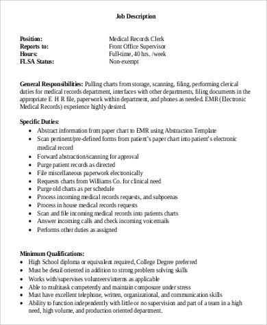 medical records clerk job description duties