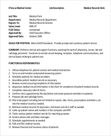 medical records center clerk job description