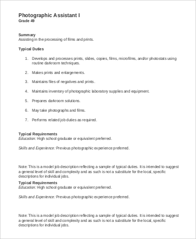 photographer assistant job description in pdf