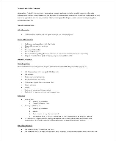 federal government resume format