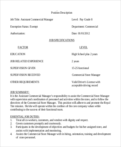 assistant commercial manager job description