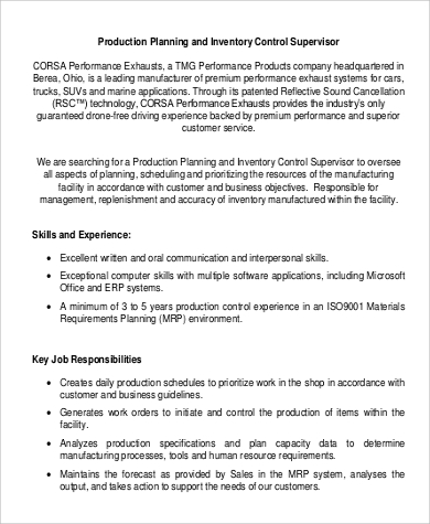 production planning supervisor job description in pdf