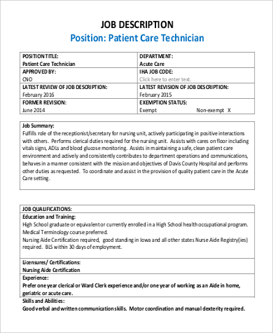 patient care technician job description summary