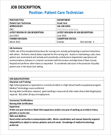 FREE 9+ Patient Care Technician Job Description Samples in PDF