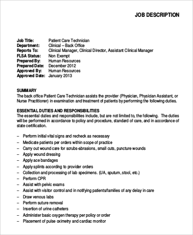 back office patient care technician job description