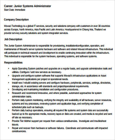junior system administrator job description pdf