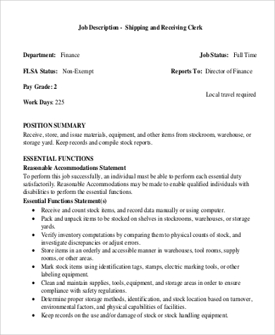 shipping and receiving clerk job description sample