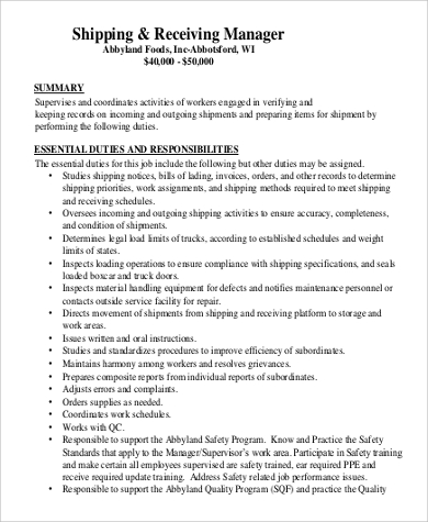 Free 9 Shipping And Receiving Job Description Samples In Ms Word Pdf