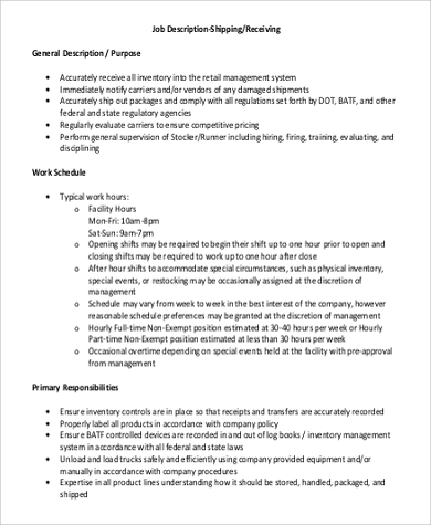 job shipping description receiving retail sample pdf word