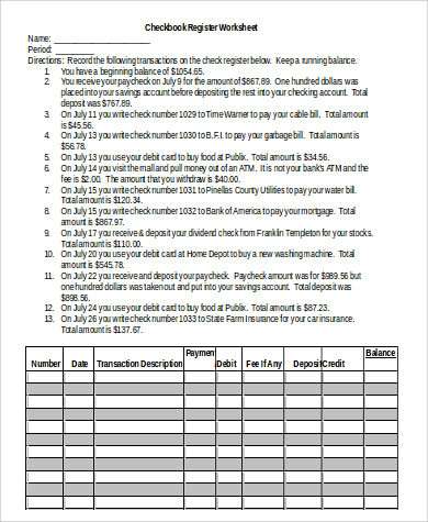 free checkbook register worksheet