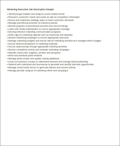 marketing executive job description resume