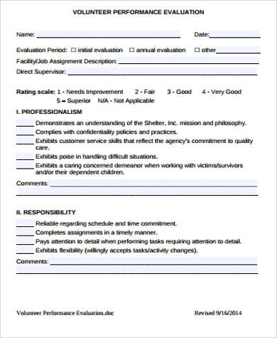 volunteer self evaluation form