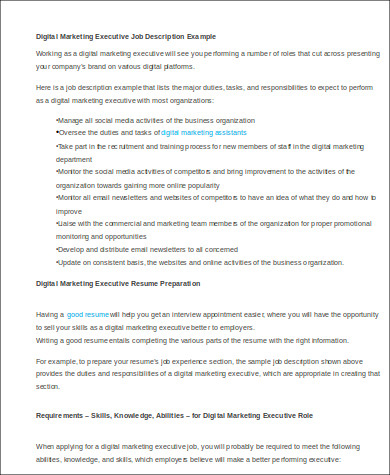 digital marketing executive job description example