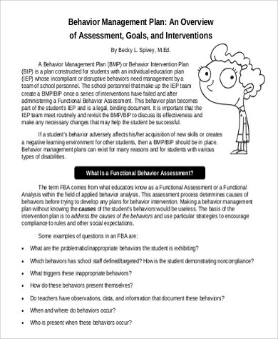 sample behavior assessment management plan