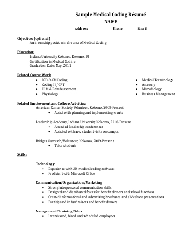 sample medical coding resume format