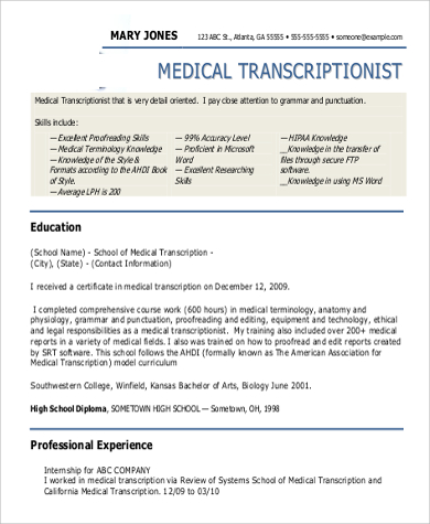 medical transcriptionist resume