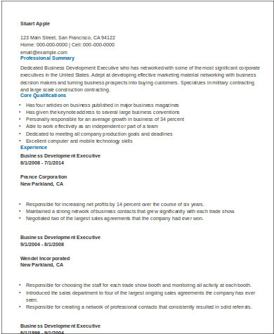 sample resume business development executive