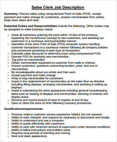 Retail Sales Clerk Job Description