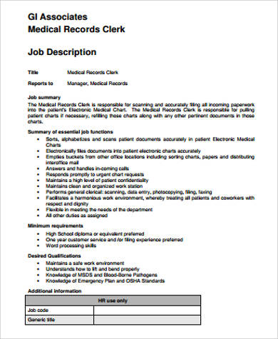 Free 11+ Medical Records Job Description Samples In Ms Word | Pdf