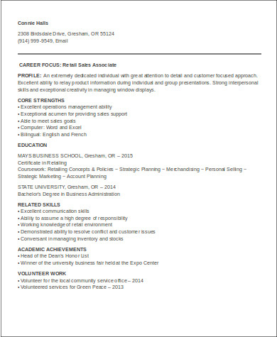 entry level retail sales resume