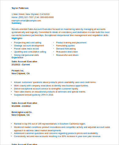 Free 7 Sample Account Executive Resume Templates In Ms Word