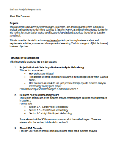 business analysis requirements document format